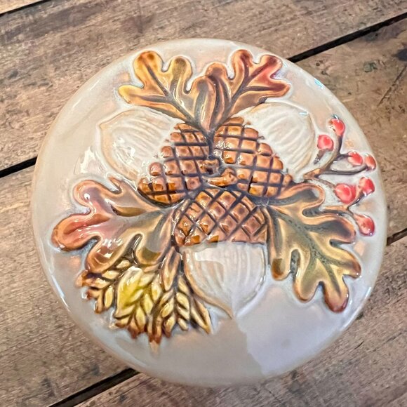 Vintage Ceramic Turkey Pinecone Autumn Canister Lid Small Crock Oak Leaves 4" - Picture 2 of 10